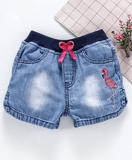 Babyhug Ribbed Waist Denim Shorts Flamingo Embroidered - Medium Blue
