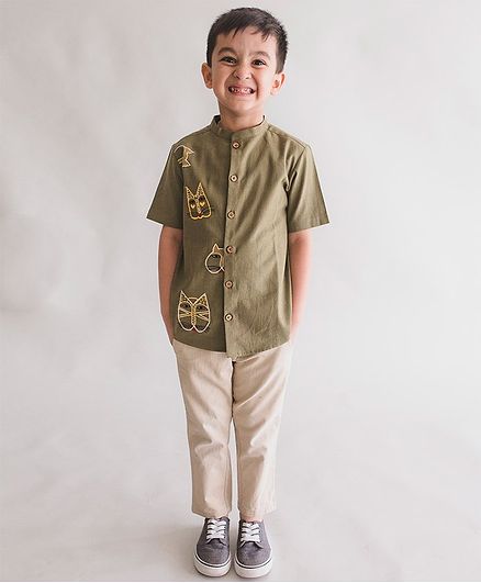 Tiber Taber Half Sleeves Cat Embroidered Shirt - Green