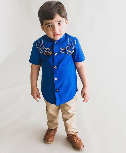 Tiber Taber Half Sleeves Embroidered Shirt - Blue