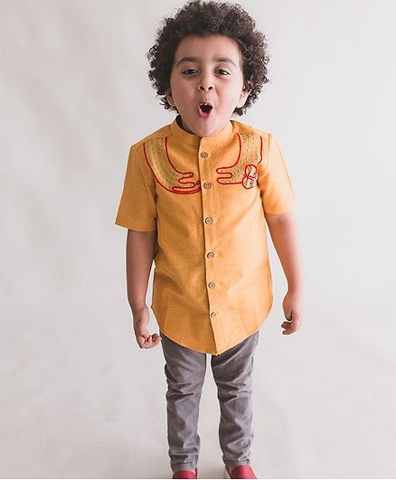 Tiber Taber Half Sleeves Embroidered Shirt - Yellow