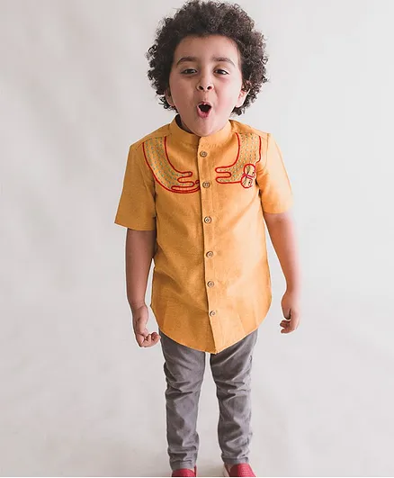 Tiber Taber Half Sleeves Embroidered Shirt - Yellow