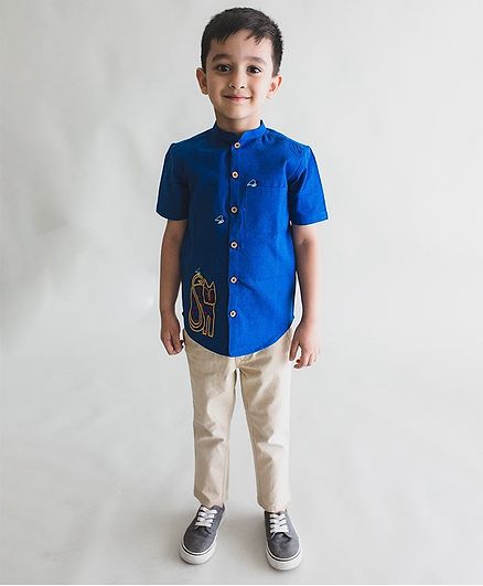 Tiber Taber Half Sleeve Cat Embroidered Shirt - Blue