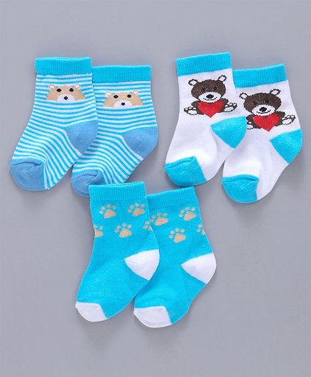 Cute Walk By Babyhug Non Terry Antibacterial Ankle Length Socks Multi Design Pack of 3 Pairs - Blue