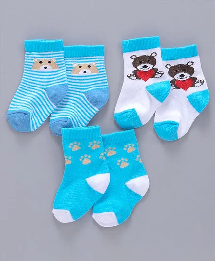 Cute Walk By Babyhug Non Terry Antibacterial Ankle Length Socks Multi Design Pack of 3 Pairs - Blue