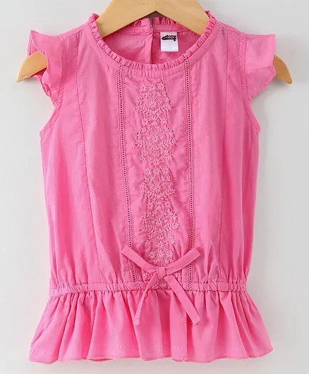 Spring Bunny Flower Embroidered Cap Sleeves Top - Pink