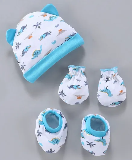 Babyhug 100% Cotton Cap & Mittens With Booties Set With 3D Ears- Blue