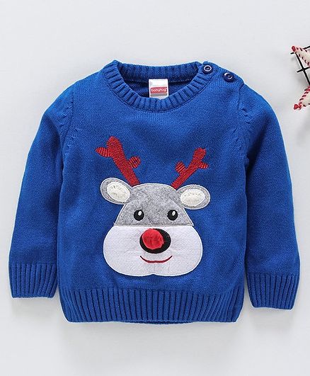 Babyhug Full Sleeves Sweater Reindeer Patch - Royal Blue