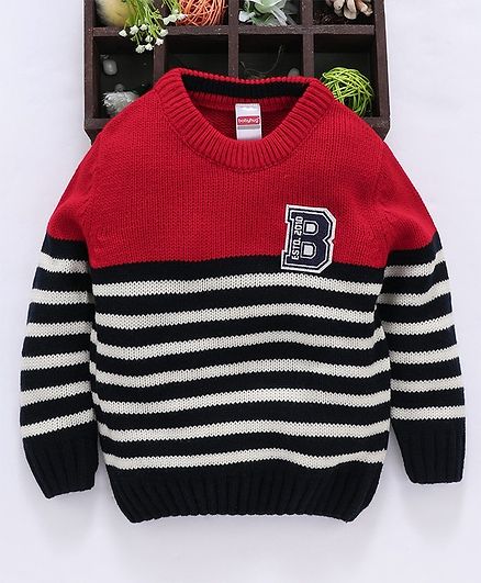 Babyhug Full Sleeves Striped Sweater - Red