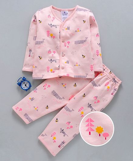 First Smile Full Sleeves Night Suit Multi Print - Pink
