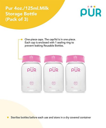 Pur Milk Storage Bottle Pink Pack of 3 - 125 ml
