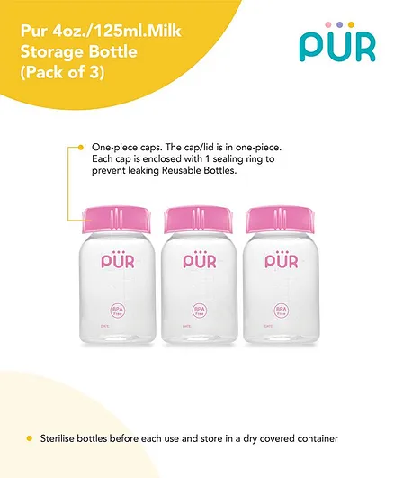 Pur Milk Storage Bottle Pink Pack of 3 - 125 ml