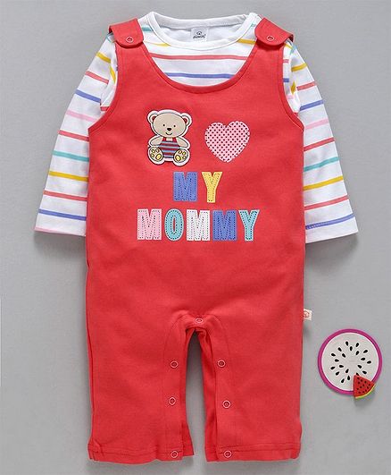Olio Kids Dungaree Style Romper With Inner Full Sleeves Striped Tee - Red