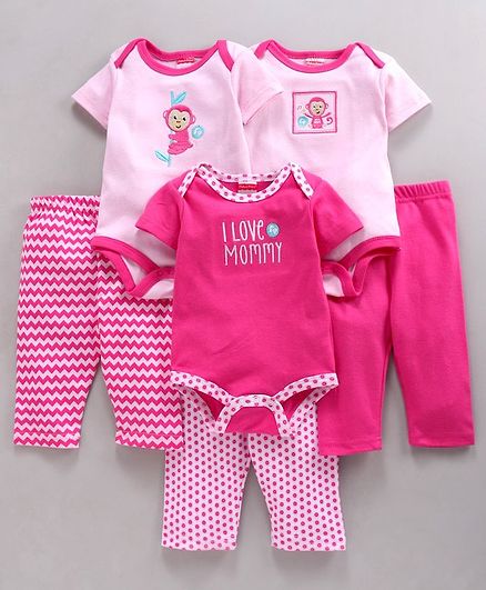 Fisher Price Body Suit & Leggings Monkey Print Set Of 6 - Pink