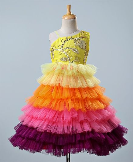 Barbie By Many Frocks & Gota Patti Embroidered Layered Frilly Sleeveless Gown - Multicolor