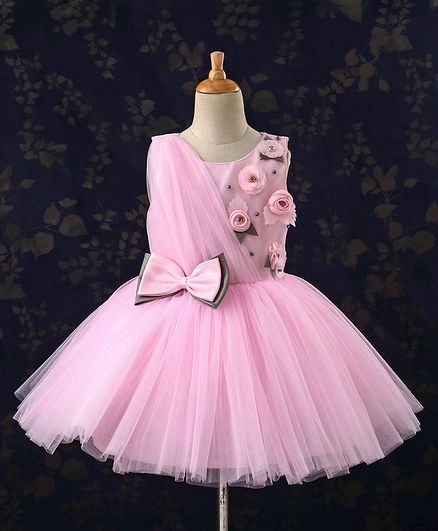Bluebell Sleeveless Floral Embellished Party Wear Frock With Bow - Pink