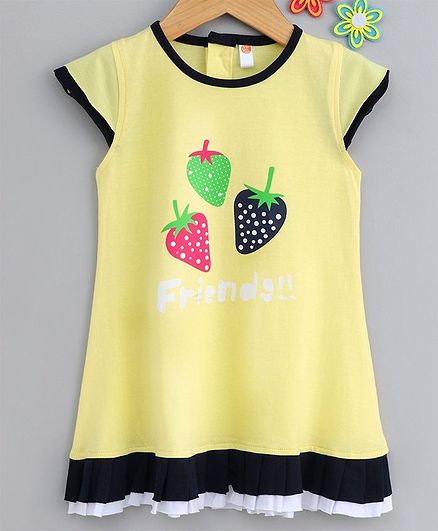 Dew Drops Short Sleeves Frock Strawberries Print - Yellow