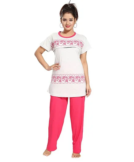 Fabme Half Sleeves Leaf Printed Maternity Tee - White