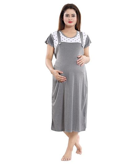 Fabme Polka Dot & Striped Half Sleeves Maternity Night Dress - Grey