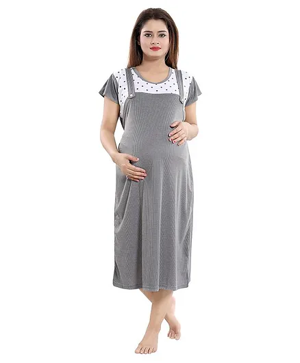 Fabme Polka Dot & Striped Half Sleeves Maternity Night Dress - Grey