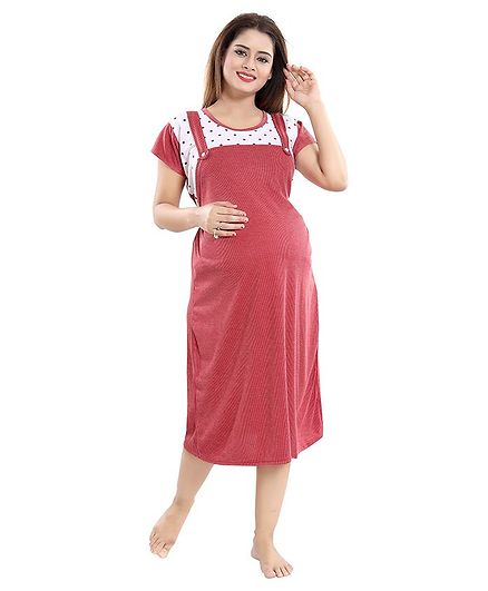 Fabme Polka Dot & Striped Half Sleeves Maternity Night Dress - Maroon