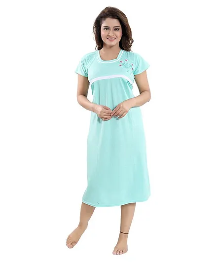 Fabme Flower Embroidered Half Sleeves Night Dress - Light Green