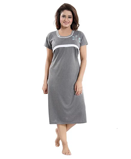 Fabme Flower Embroidered Half Sleeves Night Dress - Light Grey