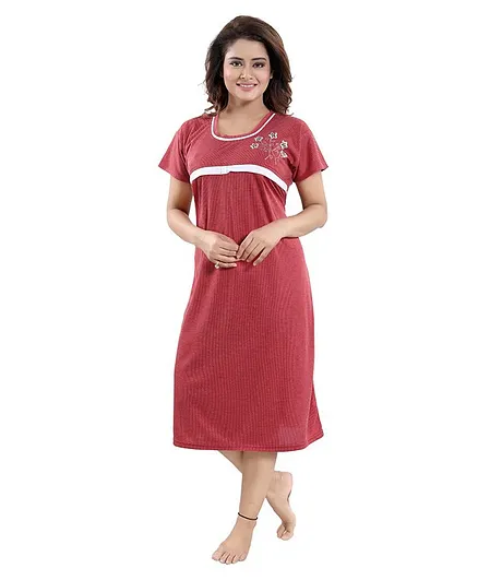 Fabme Flower Embroidered Half Sleeves Night Dress - Maroon