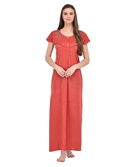 Fabme Flower Embroidered Half Sleeves Maternity Night Gown - Red