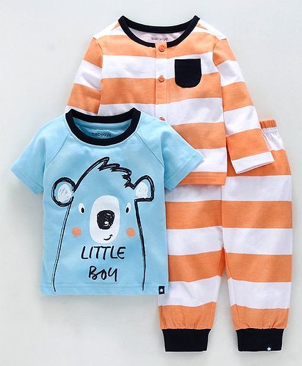 Babyoye Full Sleeves Night Wear Combo Set Pack of 3 Stripe & Animal Print - Orange Blue