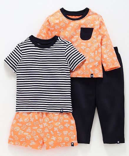 Babyoye Half & Full Sleeves Night Wear Multiprint Pack of 4 - Orange White Black