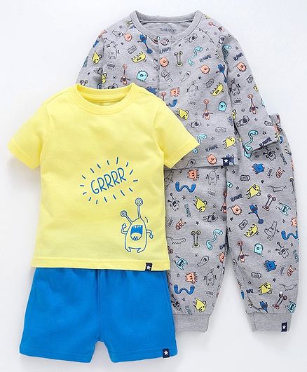 Babyoye Full & Half Sleeves Cotton Night Wear Pack of 4 - Grey Yellow Blue