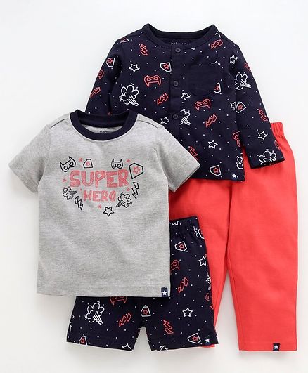 Babyoye Cotton Night Suit Super Hero Print Set of 4 - Navy Blue