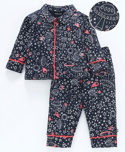 Babyoye Full Sleeves Cotton Night Suit Galaxy Print - Navyt Blue