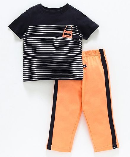 Babyoye Half Sleeves Striped Cotton Night Suit Monster Print - Black Orange