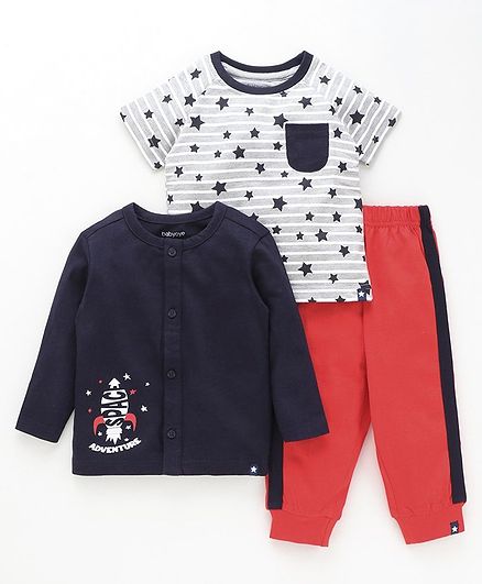 Babyoye 3 Piece Cotton Night Wear Combo Set Star Print - Navy Blue