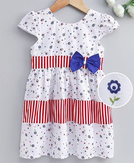 Enfance Core Flower Print Cap Sleeves Dress - Blue
