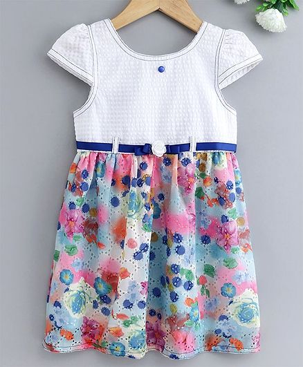 Enfance Core Flower Print Cap Sleeves Dress - Blue