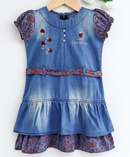 Enfance Core Strawberry Embroidered Short Sleeves Dress - Blue