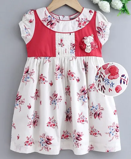 Enfance Flower Print Short Sleeves Dress - Cream