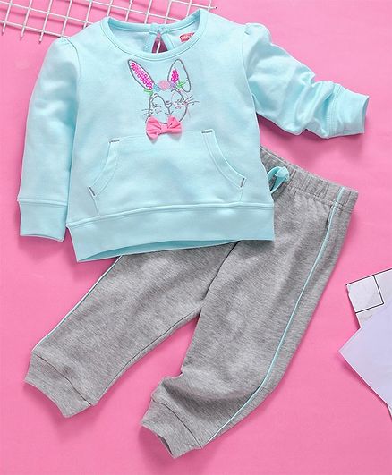 Babyhug Full Sleeves Tee And Lounge Pant Bunny Embroidered - Blue Grey