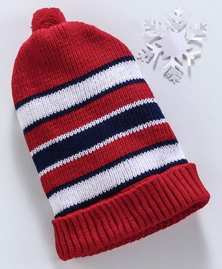 Babyhug Monkey Cap With Pom Pom Detail - Red