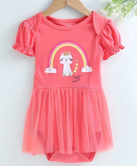 Mom's Love Half Sleeves Frock Style Onesie Kitty & Rainbow Print - Coral