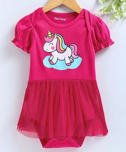 Mom's Love Short Sleeves Frock Style Onesie Unicorn Print - Dark Pink