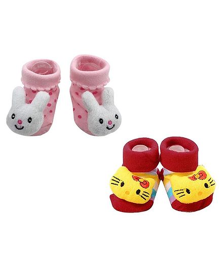 Syga Bunny & Kitty Motif Sock Shoes Pack of 2 Pairs - Pink Red