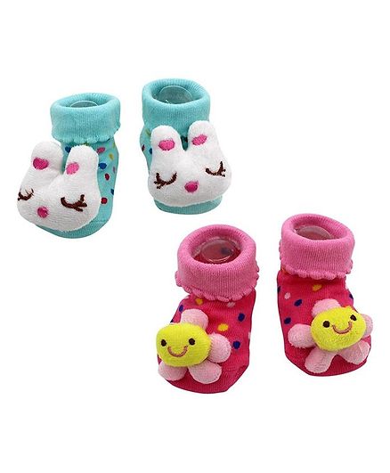 Syga Bunny & Flower Motif Sock Shoes Pack of 2 Pairs - Blue Pink