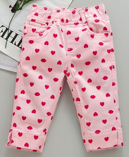 Kiddopant Three Fourth Length Heart Print Pants - Pink