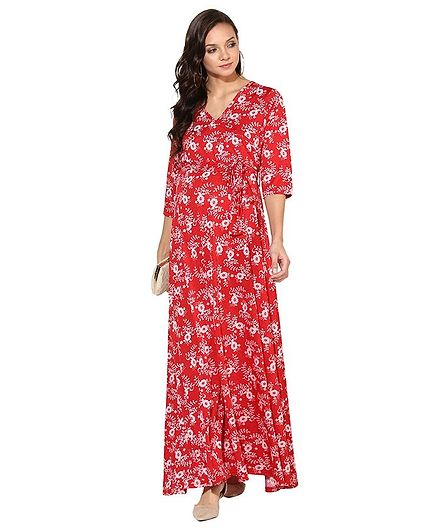 Momsoon Flower Print Front Tie Up Three Fourth Sleeves Maternity Dress - Red