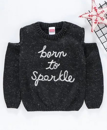 Babyhug Full Cold Shoulder Sleeves Pullover Sweater Sequin Work - Black