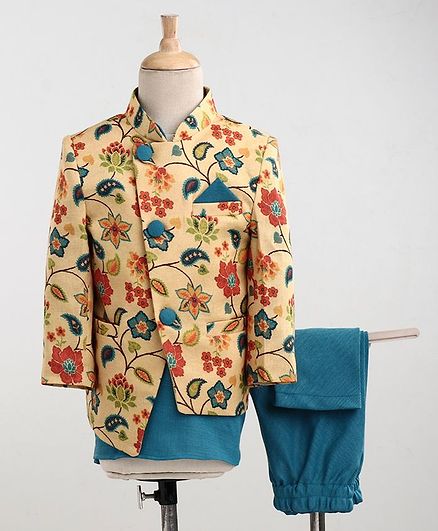 Babyoye Full Sleeves Kurta Pyjama Set With Jacket Floral Print - Blue Yellow