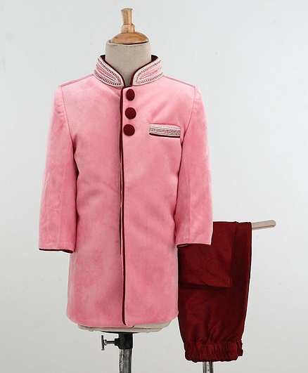 Babyoye Full Sleeves Sherwani Beads Embellishment - Pink Red